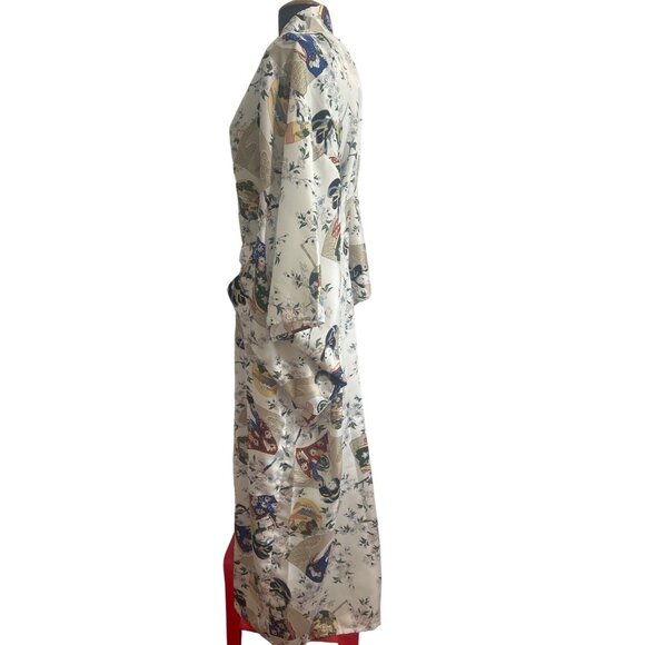 Jade Brand, White Floral Print/Geisha Design Long Polyester Kimono - Picture 3 of 11